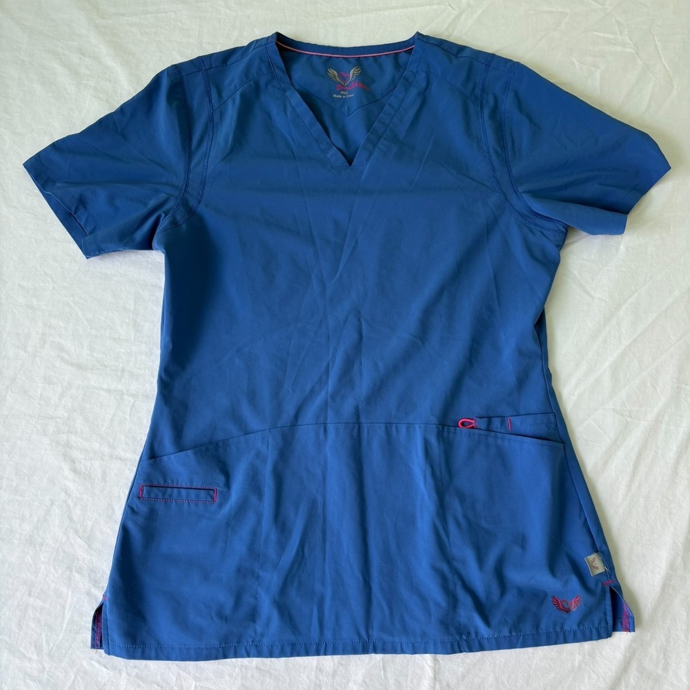 Smitten Womens Blue Short Sleeve Stretch Rock Goddess V-Neck Scrub Top Size M